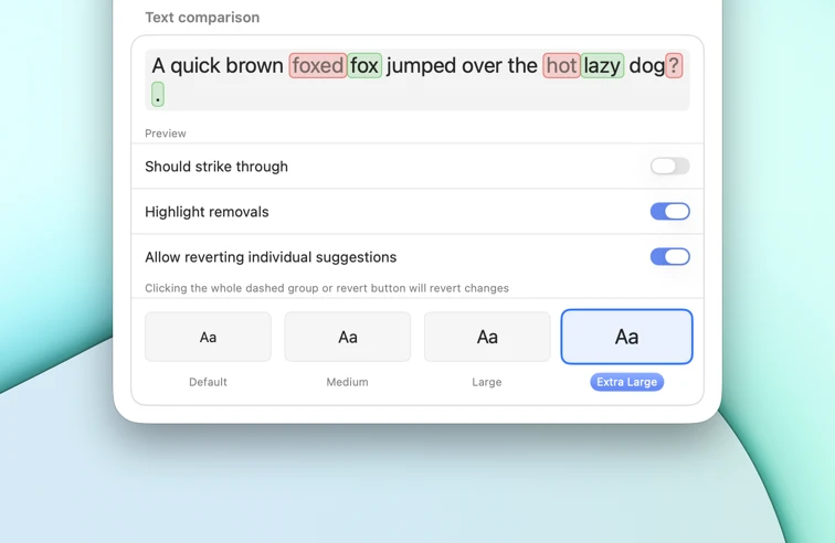 A Reforge rewrite preview showing highlighted text changes inside a compact review panel.